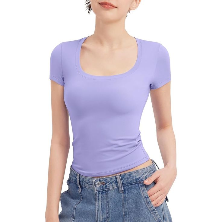 Pumiey Women's T Shirts Short Sleeve Scoop Neck Basic Going Out Tops Fashion Slim Fit Tee Smoke Cloud Pro Collection, M Amazon Price: $24.98 Size: Medium Color: Haze Blue By Manufacturer (Appear More Of A Lavender To My Eyes) Bust: 36-39" Waist: 28-31" Length: 20.1" Smoke Cloud Collection Products Made With C110tm Fabric, The New Drop's Fabric Is More Smooth, And Creamy. With Some Special Tech, Even The Light Colors Won't Be Sheer. Scoop Neck Top From Pumiey, Which Is Made From A Lightweight And Fitted Purple Crew Neck T-shirt, Purple Stretch Crew Neck Top, Fitted Lavender Short Sleeve Top, Casual Purple Scoop Neck Top, Fitted Basic Purple Top, Trendy Purple Stretch T-shirt, Fitted Purple T-shirt With Crew Neck, Trendy Stretch Purple T-shirt, Trendy Fitted Purple T-shirt