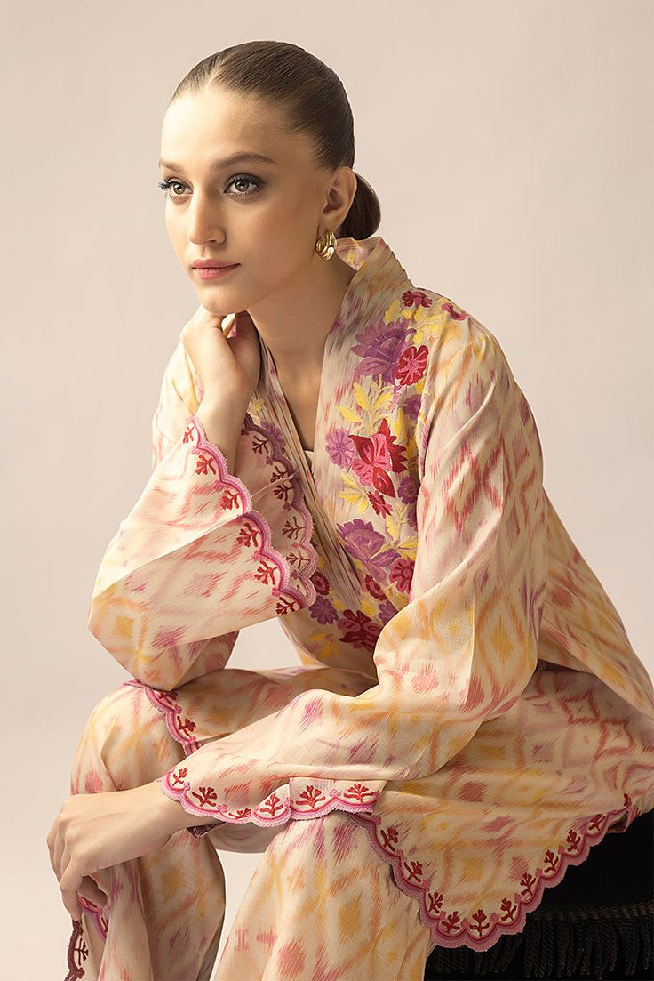 Elara – Sania Maskatiya International Pink Embroidered Palazzo Set In Chanderi, Traditional Multicolor Embroidered Kurta With Floral Print, Embroidered Pink Palazzo Set In Chanderi, Pink Embroidered Chanderi Palazzo Set, Pink Anarkali Palazzo Set With Printed Motifs, Traditional Pink Silk Palazzo Set, Embroidered Pink Chanderi Palazzo Set, Traditional Kurta With Multicolor Floral Embroidery, Traditional Kurta With Multicolor Embroidery And Floral Print