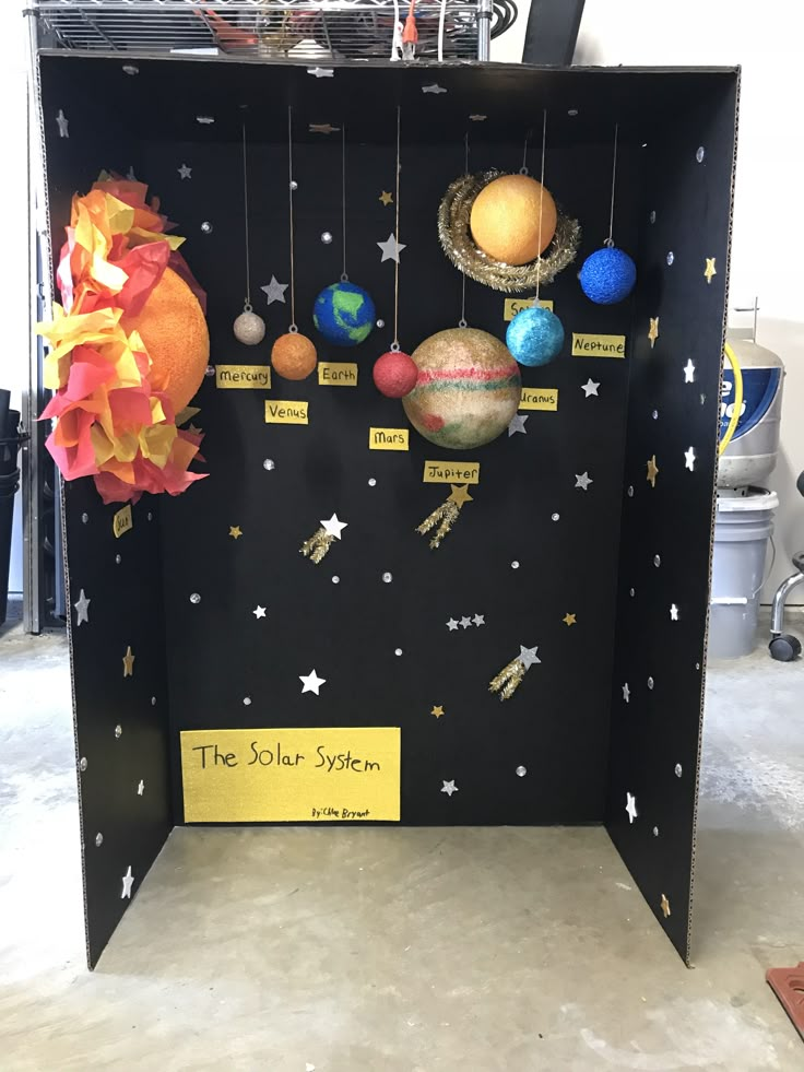 the solar system is made out of black cardboard and has yellow labels on it that read,