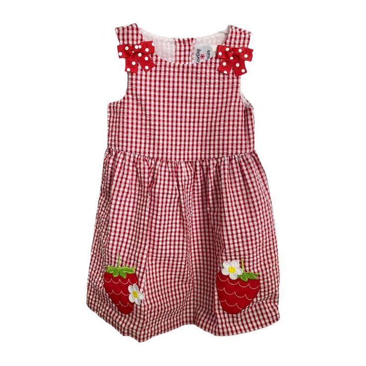 *Larger Sizes Do Not Come With Bloomers.* You Can't Go Wrong With Counting Daisies Adorable And Playful Collection Of Applique Seersucker Dresses. The Vibrant Colors, Dimensional Trim, And Detailed Appliques On These Dresses Will Make Your Little One A Trendsetter For The Upcoming Summer Season. Counting Daisies Fun And Whimsical Seersucker Dresses Will Make Dressing Your Little One A Breeze For All Of Their Fun In The Sun Activities. The Counting Daisies Seersucker Dresses Are Available In Grea Sweet Gingham Dress For Spring, Sweet Spring Gingham Dress, Playful Sleeveless Gingham Dress, Sweet Gingham Cotton Dress, Red Cotton Sundress With Ruffles, Playful Red Cotton Sundress, Sweet Sleeveless Dress With Strawberry Print, Sweet Sleeveless Cotton Dress, Sweet Red Sleeveless Dress