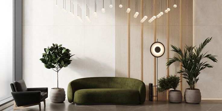 a living room filled with furniture and potted plants on the side of the wall