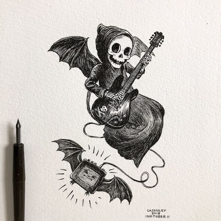 a drawing of a skeleton playing a guitar and bat flying through the air with its mouth open