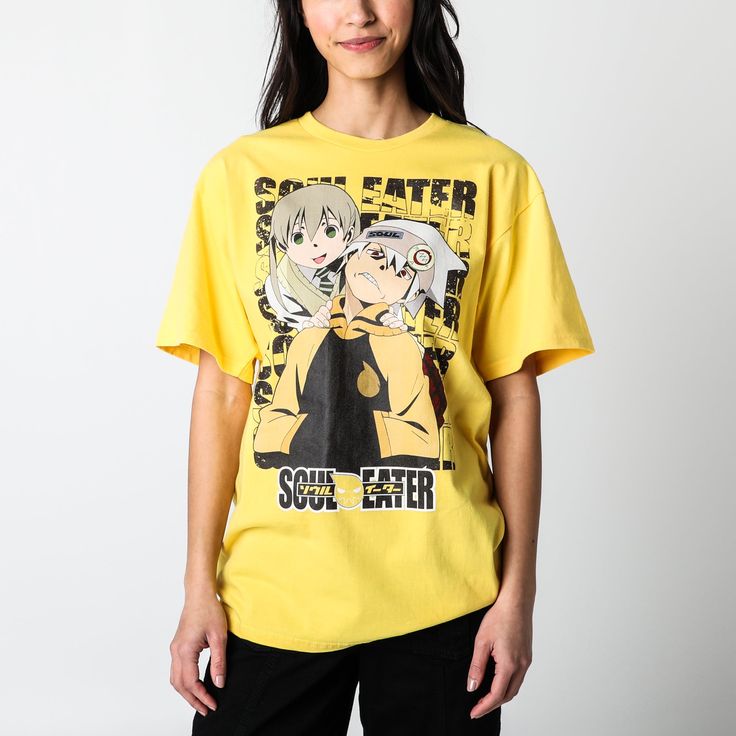 Short-sleeve tee Printed art on the front Ribbed crew neck Regular fit 100% cotton Officially licensed Soul Eater merchandise Trevor is wearing a medium Mikayla is wearing a medium Yellow Graphic Print Tee, Yellow Graphic Tee For Streetwear, Soul Eater Shirt, Unisex Yellow Graphic Print Top, Yellow Anime, Yellow Graphic Cotton T-shirt, Bridesmaid Groomsmen, Yellow Tees, Japanese Lifestyle