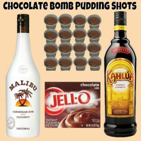 an ad for chocolate bomb pudding shots and other items in front of the caption