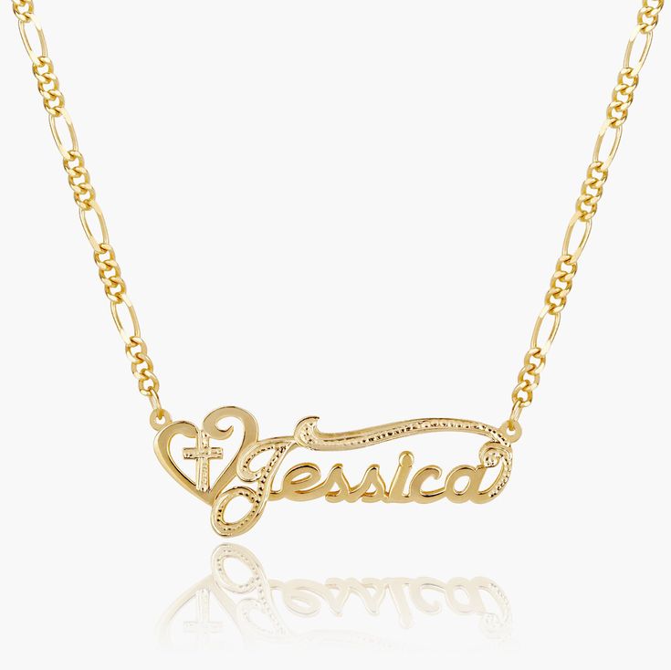 Product Details Customizable With: Names, Dates, Roman Numerals, or Words Chain Type: Figaro Chain Closure: Lobster Clasp Metal: 14k Gold Over Silver 14k Solid Gold (NAMEPLATE ONLY) Description This necklace will provide tranquility and bring you peace when you wear it. You will feel serene in this luxurious cross all gold piece. Let this necklace bring you warmth and comfort wherever you may be. Gold Nameplate Necklace In Fine Jewelry Style, Figaro Chain Nameplate Necklace As Gift, 14k Gold Nameplate Necklace With Chain, Fine Gold Nameplate Necklace, Personalized Gold Plated White Gold Necklace, 14k Rose Gold Necklace With Figaro Chain, Personalized White Gold Plated Custom Necklace, Personalized White Gold-plated Custom Necklace, Custom Engraved Gold Plated Nameplate Necklace