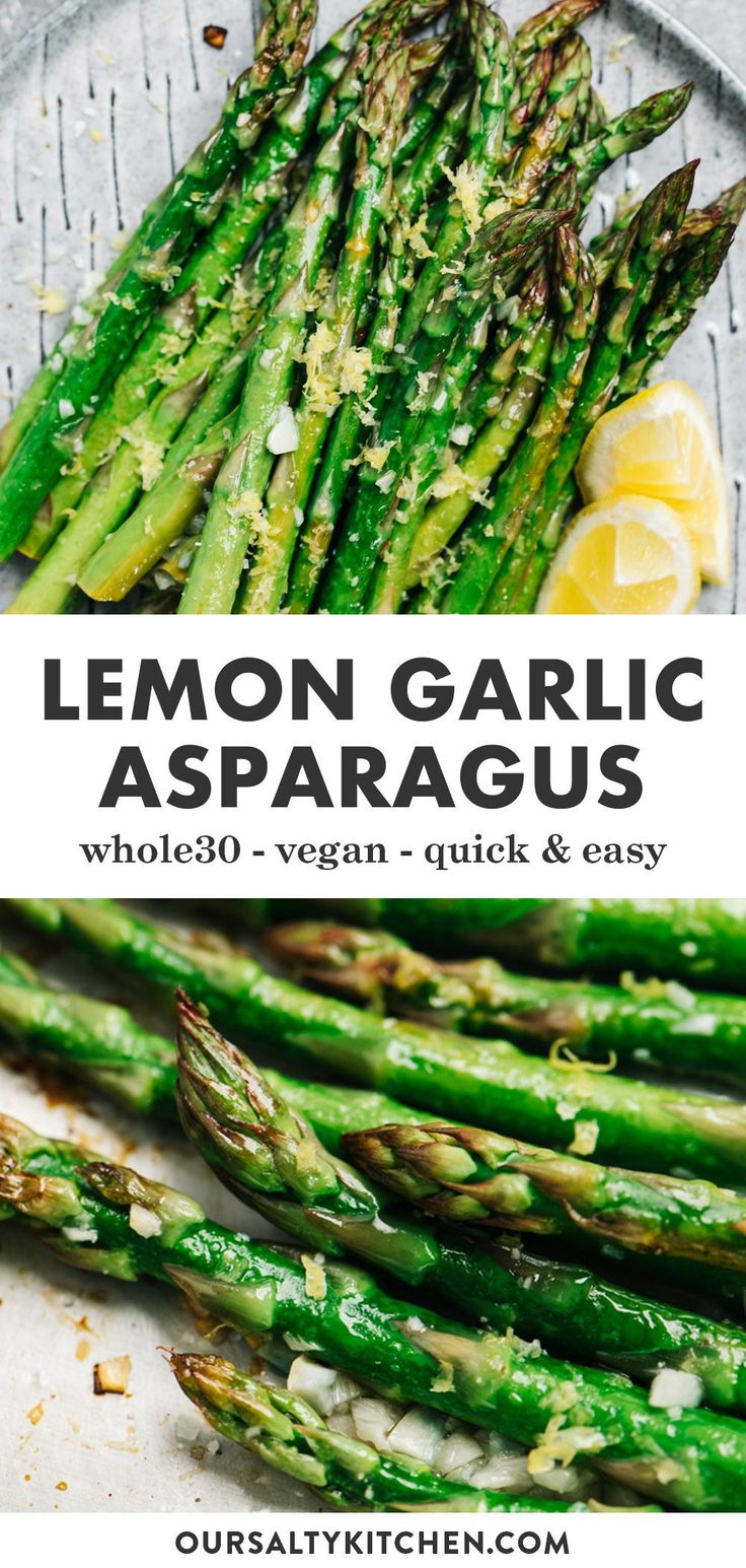 lemon garlic asparagus on a plate with text overlay