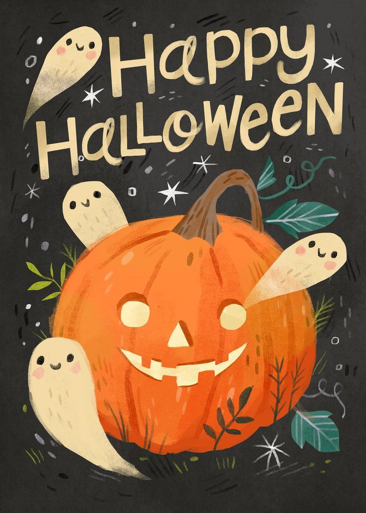 a happy halloween card with two pumpkins and ghost faces on the front, in black background