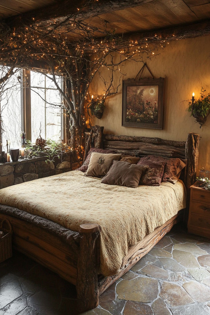 a bedroom with stone flooring and lights on the ceiling, along with a large bed