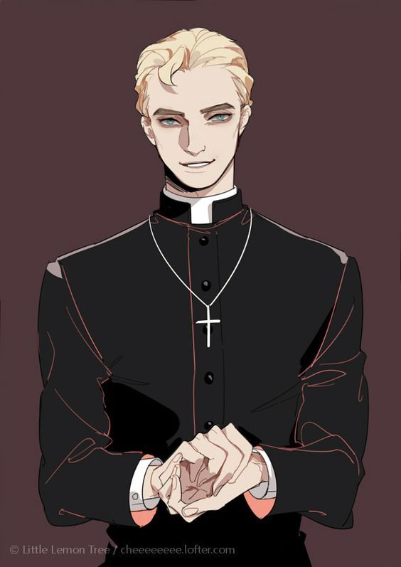 a man with blonde hair wearing a priest's outfit and holding his hands together