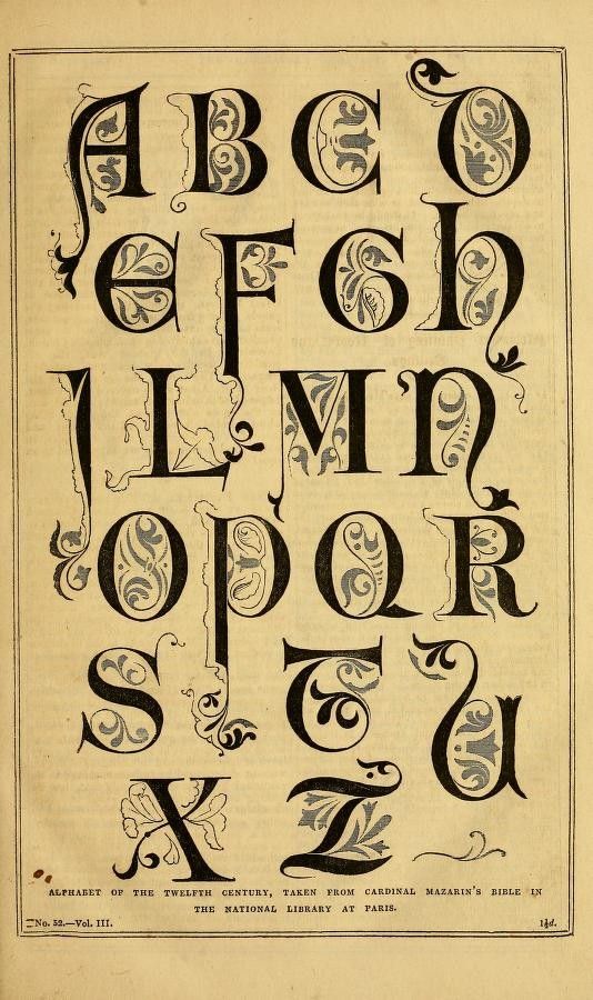 an old fashioned alphabet is shown in black and white letters are on top of each other