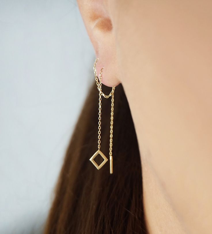 14K 9K Gold Rhombus Threader Earrings, Solid Gold Minimalist Earrings, Dainty Rhombus Threaders, Long Chain Earrings, Geometric gold earrings, Gift for her, FREE EXPRESS SHIPPING Dainty and minimalist 14K or 9K Solid gold threader earrings with a small small rhombus/diamond shape. A lovely, versatile pair of earrings/earring that you will love wearing all day, everyday! Whisper...Minimalism at its finest! :) ------------------------------------------------- D E T A I L S 14K Solid Gold or 9K Sol Minimalist Diamond-shaped Earrings For Gift, Minimalist Geometric Pierced Jewelry, Minimalist Diamond-shaped Everyday Jewelry, Geometric 14k Gold Jewelry, Minimalist Everyday Diamond-shaped Jewelry, Everyday Minimalist Diamond-shaped Jewelry, Minimalist Geometric Jewelry In 14k Gold, Minimalist 14k Gold Geometric Jewelry, Minimalist Geometric 14k Gold Jewelry