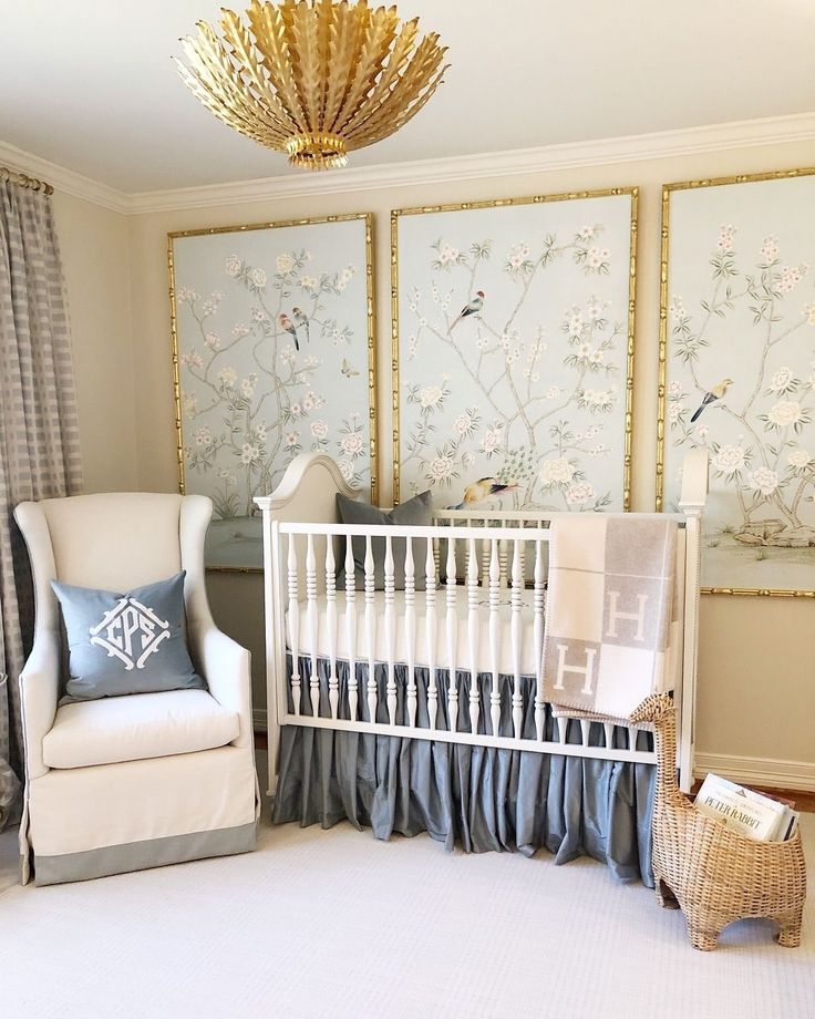 a baby's room decorated in blue and white