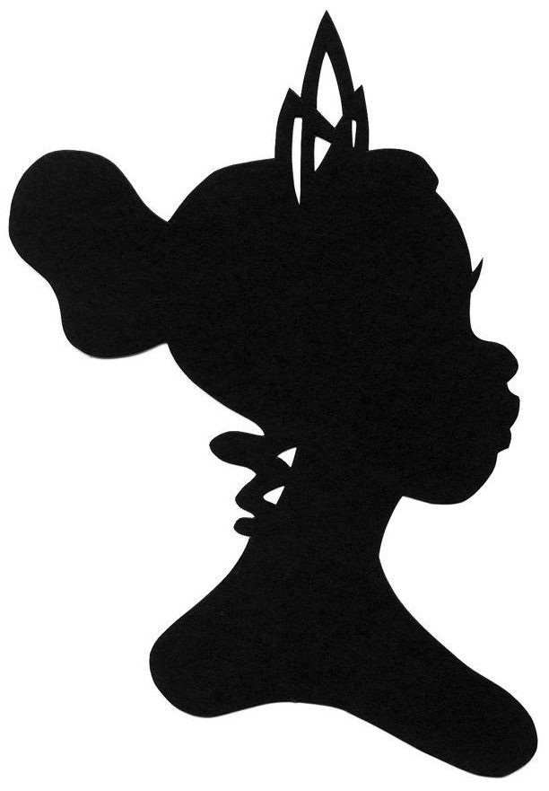 the silhouette of a girl with long hair and a bow in her hair is shown