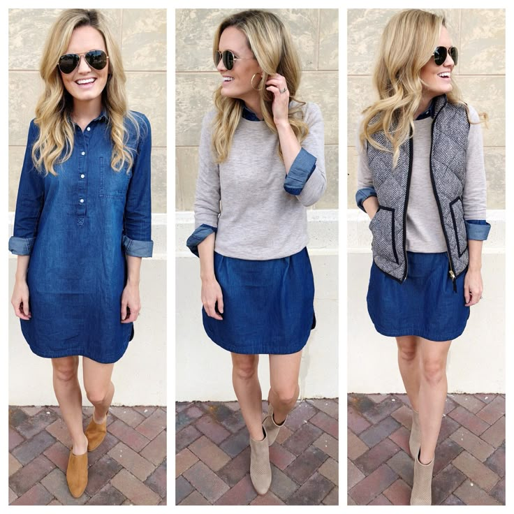 Navy Shirt Dress Outfit Fall, Button Up Denim Dress Outfit, How To Wear Denim Shirt Dress, Denim Dress Office Outfit, Denim Shirt Dress Outfit Women, Styling Denim Shirt Dress, Blue Jeans Dress Outfit, Sweater Over Shirt Dress, Fall Shirt Dress