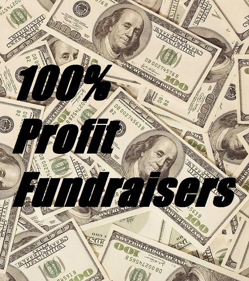 a pile of hundred dollar bills with the words 100 % profits fundraisers