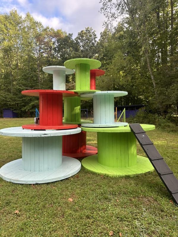 three different colored discs stacked on top of each other in the grass with trees in the background