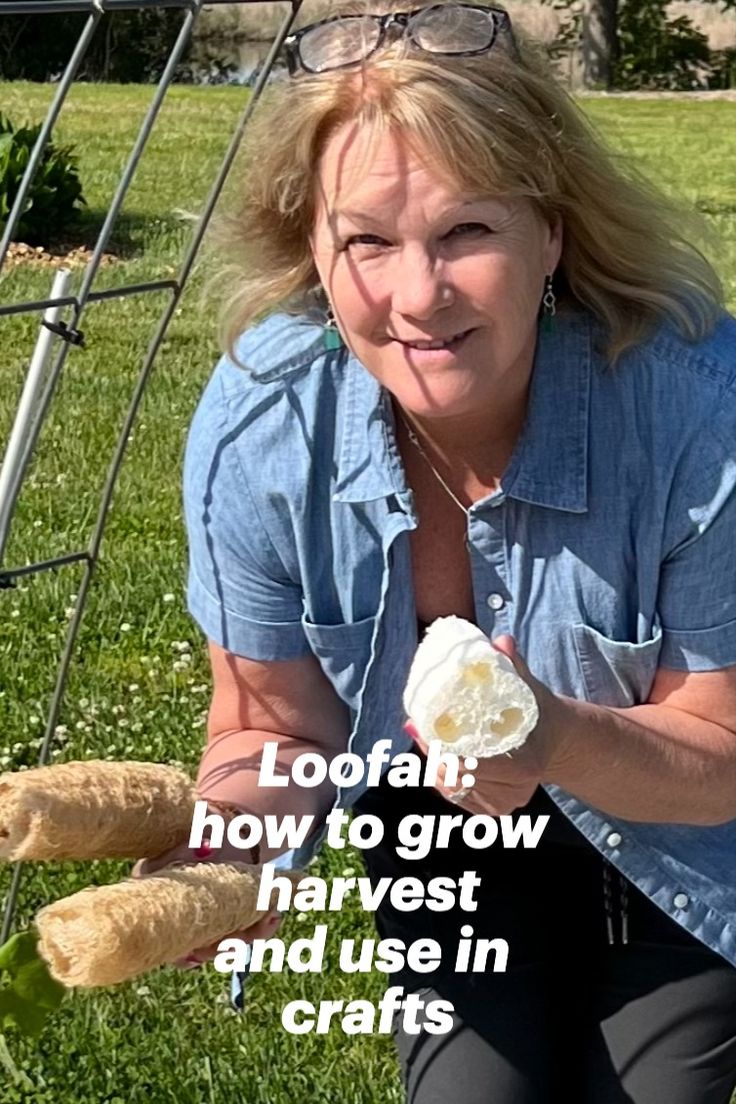 a woman sitting in the grass with some food on her hand and text that reads loofah how to grow harvest and use in crafts