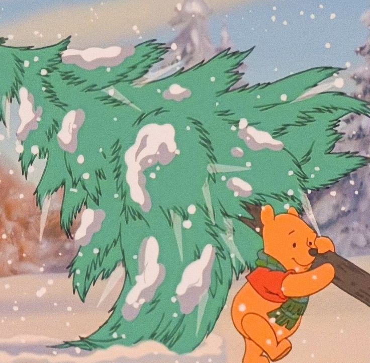 winnie the pooh is carrying a christmas tree on it's back with its trunk