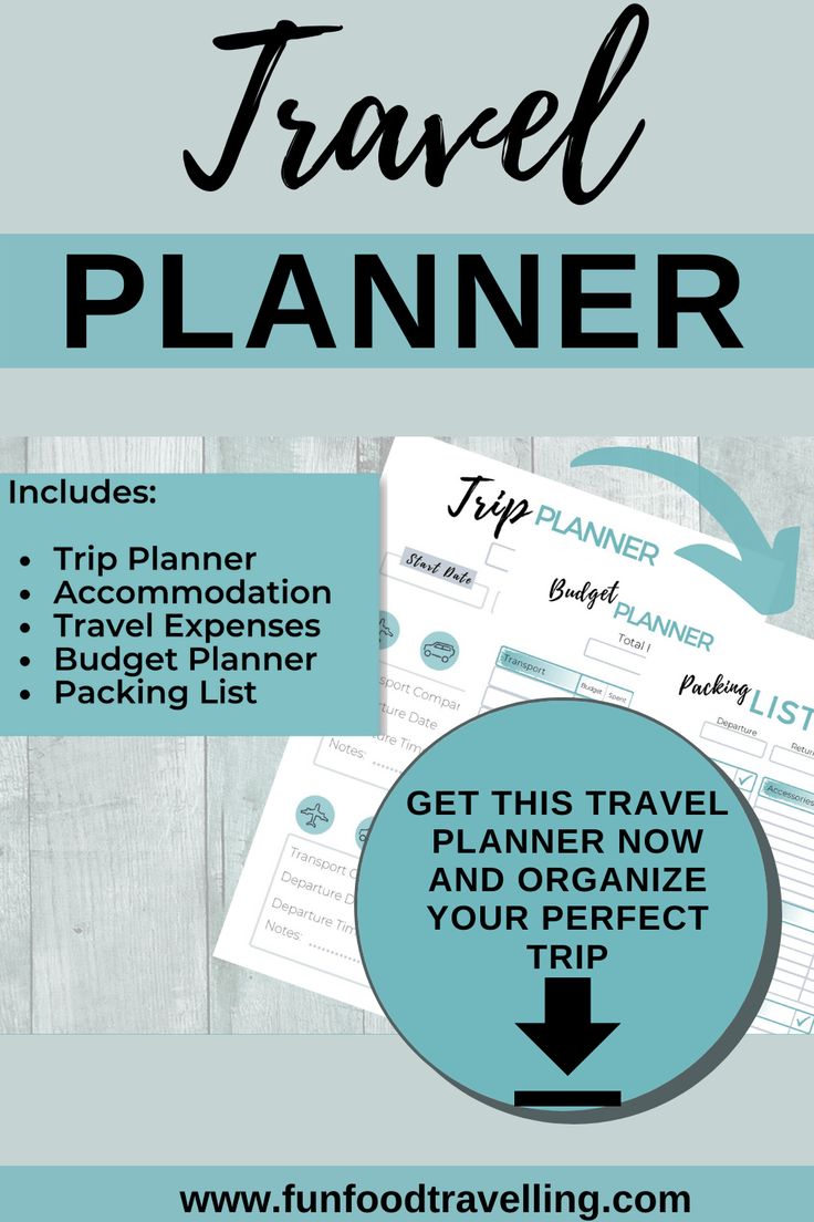 the travel planner with text overlaying it