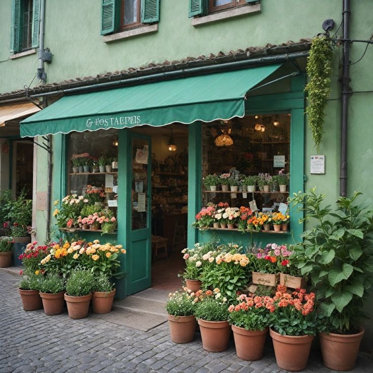 an outdoor flower shop with potted plants outside