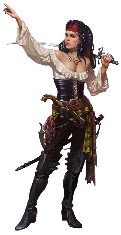 a woman dressed in pirate clothing holding two swords and pointing at something with both hands