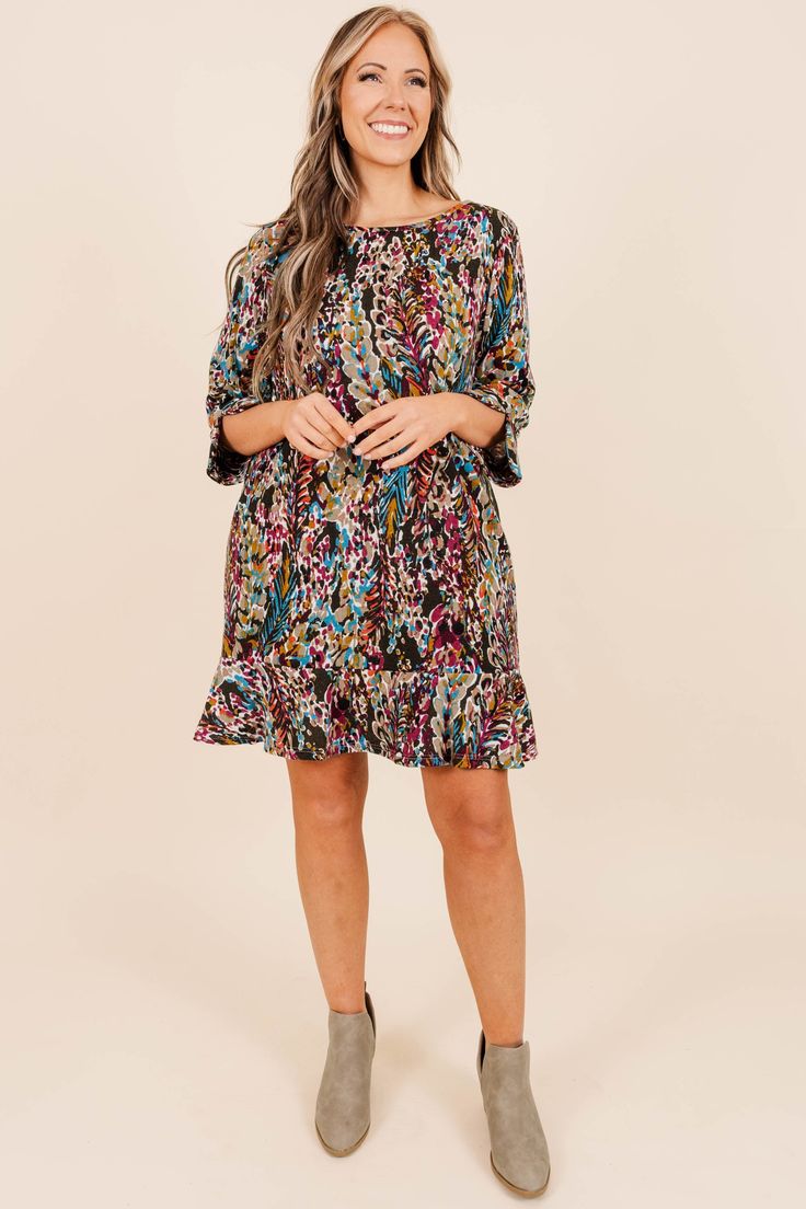 We will be wearing this same dress on repeat! This floral beauty has a straight fit to keep you and comfortable all season long with a sweet ruffle along the hem! Style this cute dress with wedges or booties for that perfect look! 95% Polyester, 5% Spandex Chic Floral Dress With Ruffle Sleeves, Flowy Knee-length Mini Dress With Ruffle Hem, Casual Flowy Ruffle Dress For Fall, Casual Knee-length Mini Dress With Pleated Hem, Casual Floral Dress With Ruffle Sleeves For Brunch, Casual Floral Dress With Ruffle Hem And Sleeves, Spring Flowy Ruffle Hem Dress, Spring Flowy Dress With Ruffle Hem, Casual Knee-length Dress With Ruffle Hem