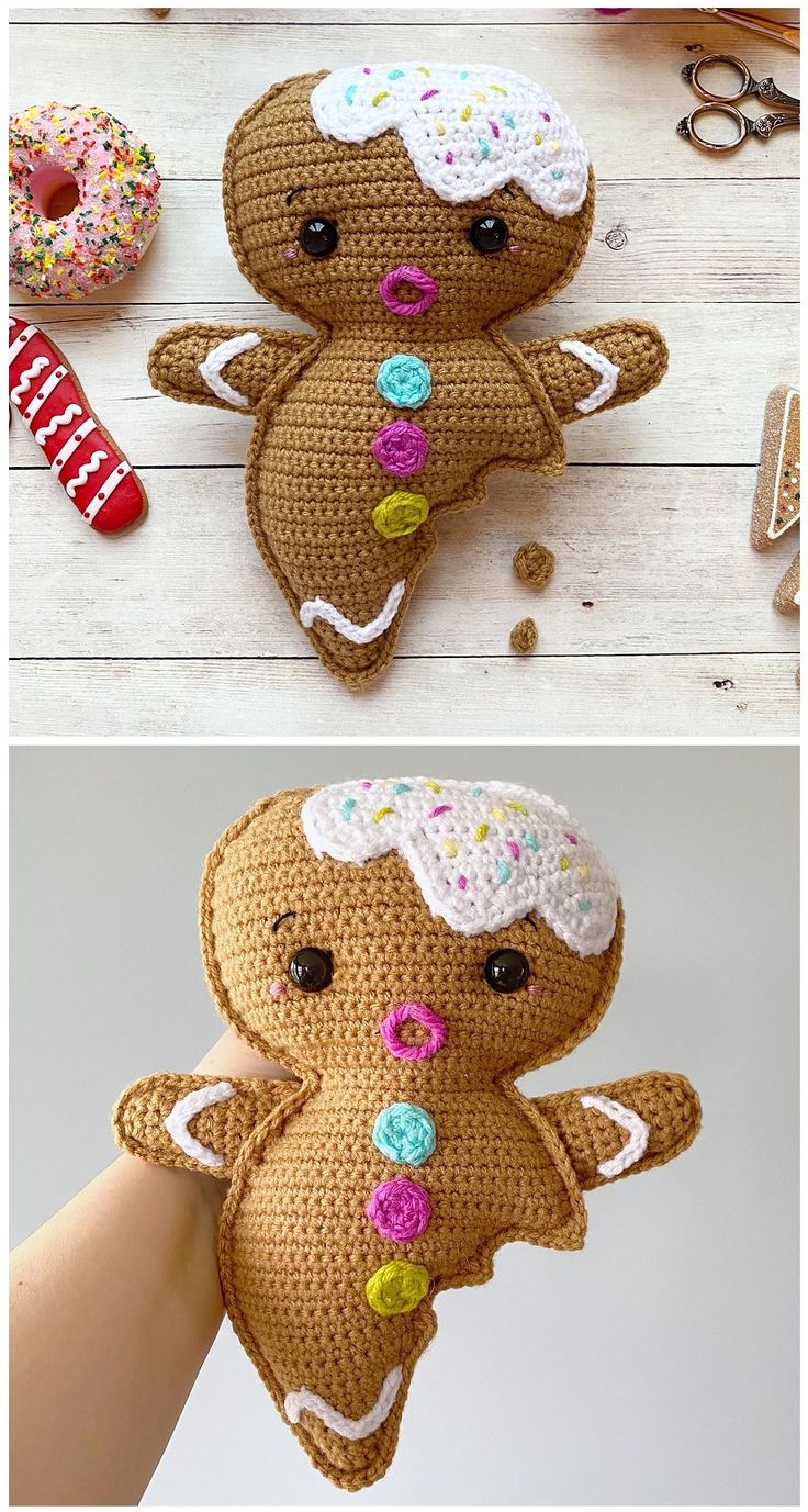 crocheted stuffed ginger with buttons and sprinkles on it's body