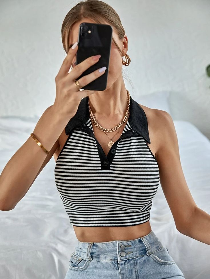 Collared Halter Top, Halter Top Outfit, Halter Tops Outfit, Stripy Tops, Striped Halter Top, Womens Halter Tops, Top Outfit, Women Tank Tops, Shein Style