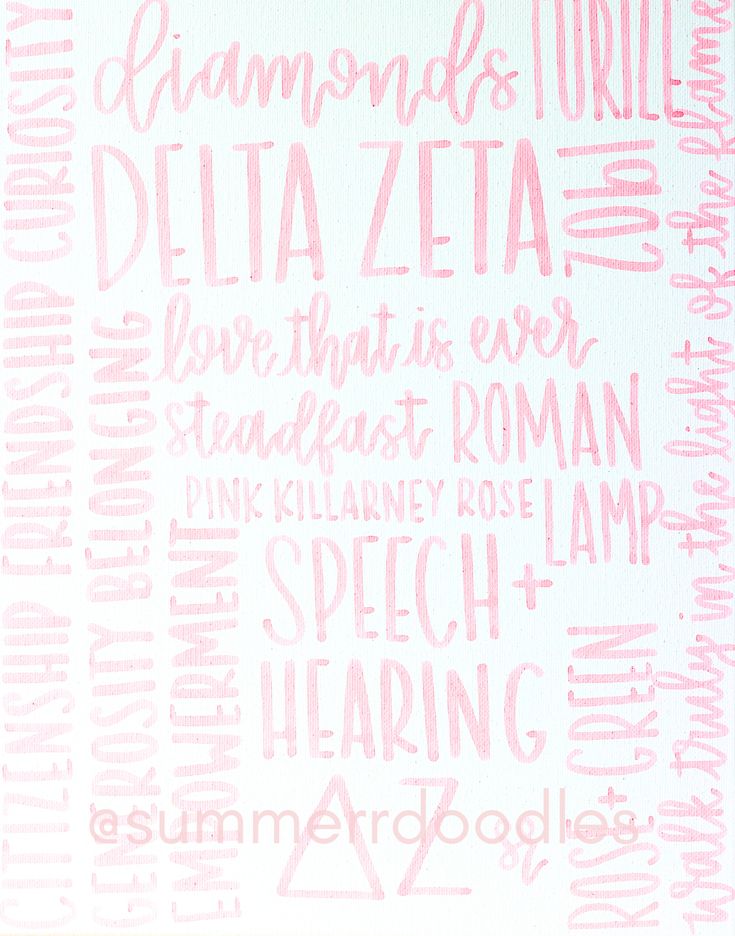 a pink and white poster with words written in different languages on the back of it