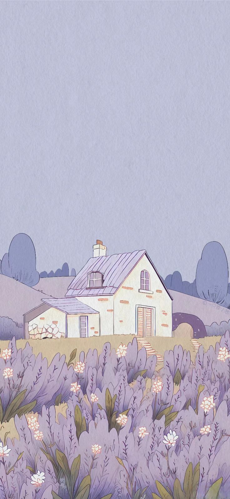 a painting of a house in the middle of a field with purple flowers on it