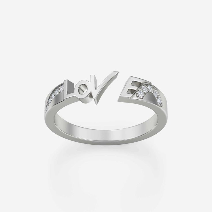 Created to be worn with other beauties or on its own, it will serve you remarkably anyway. This adorable ring with the engraved word LOVE is absolutely optimizing. This amiable ring is made to incite the hidden love inside you. Appreciate yourself and Love yourself with this bewitching ring. Adorned with 10 sparkly gemstones expertly, the total carat weight of this ring is 0.08. The flawless stone color is VS+, and the stone clarity is FG+. The alluring metal types of this band ring are 14K gold and 18K gold infused with high quality. The item weight of 14K gold is 3,265 G, and the item weight of 18 K gold is 3,865 G is perfectly bright. The total item length is 1 MM, and the item width is 2 MM. Silver Initial Ring With Vvs Clarity For Anniversary, Silver Vvs Clarity Initial Ring For Anniversary, Fine Sterling Silver Initial Ring For Anniversary, Sterling Silver Initial Ring For Anniversary, Fine Jewelry Sterling Silver Initial Ring For Anniversary, Luxury Sterling Silver Engraved Promise Ring, Fine Jewelry White Gold Initial Ring For Promises, Modern Diamond Initial Ring For Promise, Promise Initial Ring In White Gold