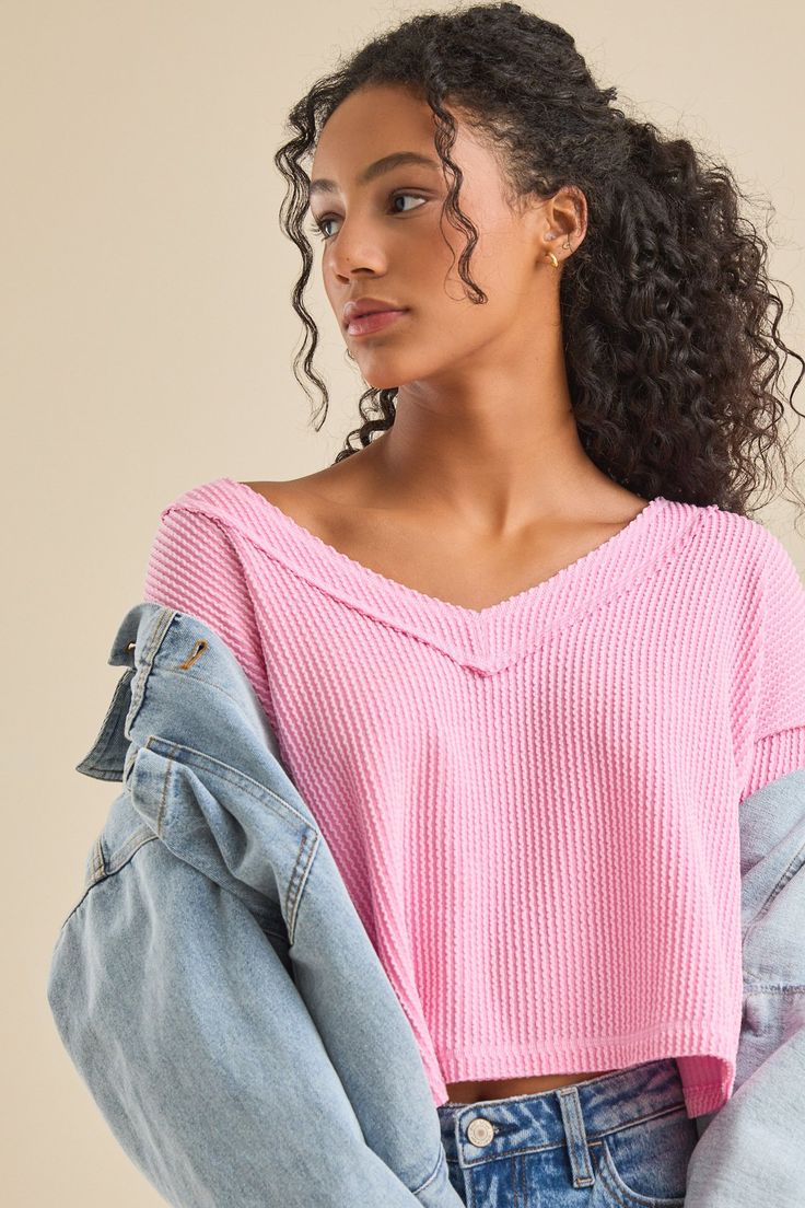 Ada Ribbed Boxy Top in Pink | Altar'd State Trendy V-neck Top With Ribbed Neckline, Everyday Ribbed V-neck Knit Top, Ribbed Cotton V-neck T-shirt, Cotton V-neck Top With Ribbed Neckline, Trendy V-neck Knit Top For Everyday, Oversized Ribbed V-neck Knit Top, Trendy Waffle Knit Top For Loungewear, Trendy Relaxed Fit Waffle Knit Tops, Waffle Knit V-neck Tops