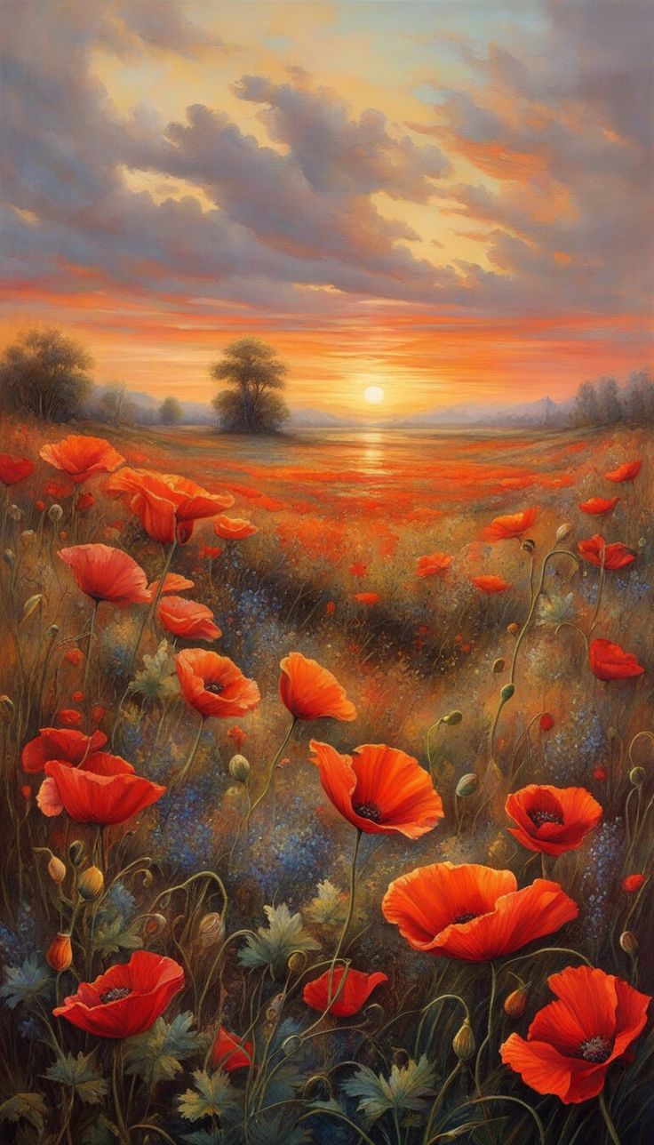 an oil painting of red poppies in a field with the sun setting behind them