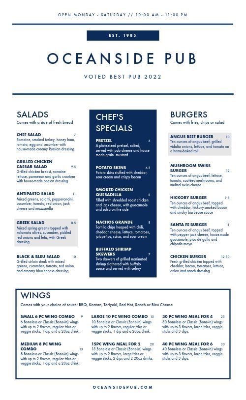 the oceanside pub menu is shown in blue and white