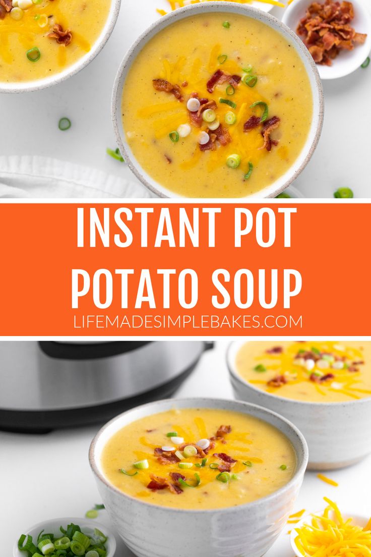 instant pot potato soup in two bowls with bacon, cheese and green onions on the side