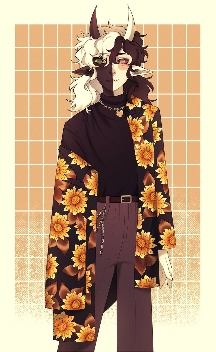 a drawing of a man with horns and sunflowers on his coat