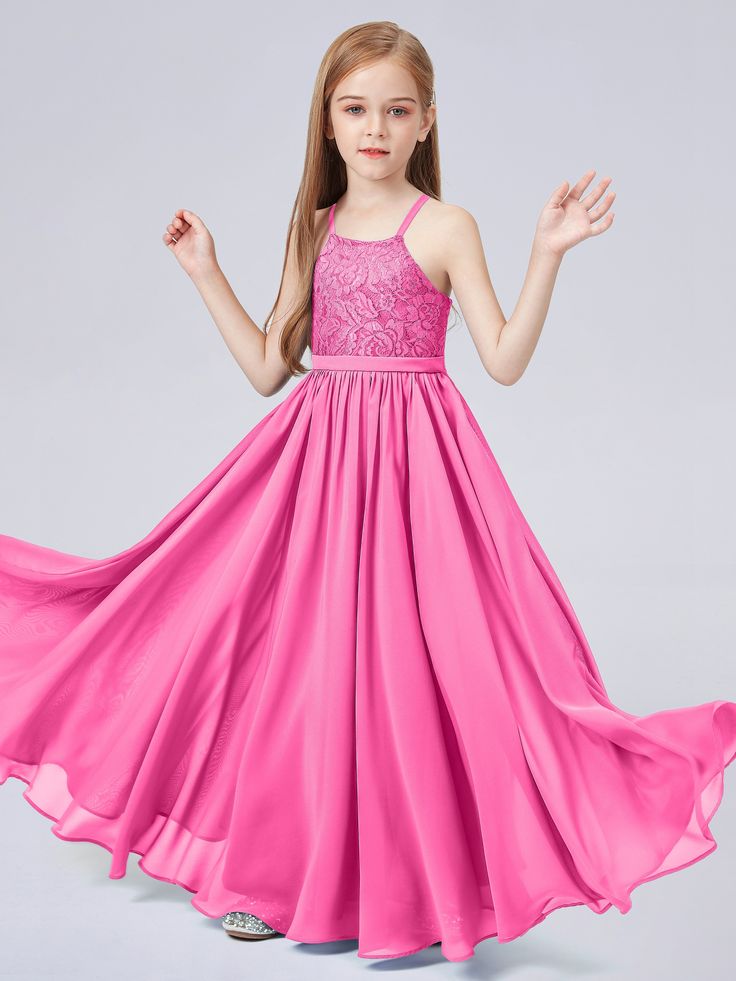 Halter Sleeveless Lace Junior Bridesmaid Dress Young Bridesmaid Dresses Fancy, Pink Sleeveless Chiffon Bridesmaid Dress, Princess Style Sleeveless Bridesmaid Dress For Wedding, Sleeveless Pink Chiffon Bridesmaid Dress, Princess Sleeveless Dress For Prom Season, Princess Style Sleeveless Dress For Prom Season, Princess Style Sleeveless Dress For Prom, Pink Lace Bodice Dress For Prom Season, Pink Dress With Lace Bodice For Prom