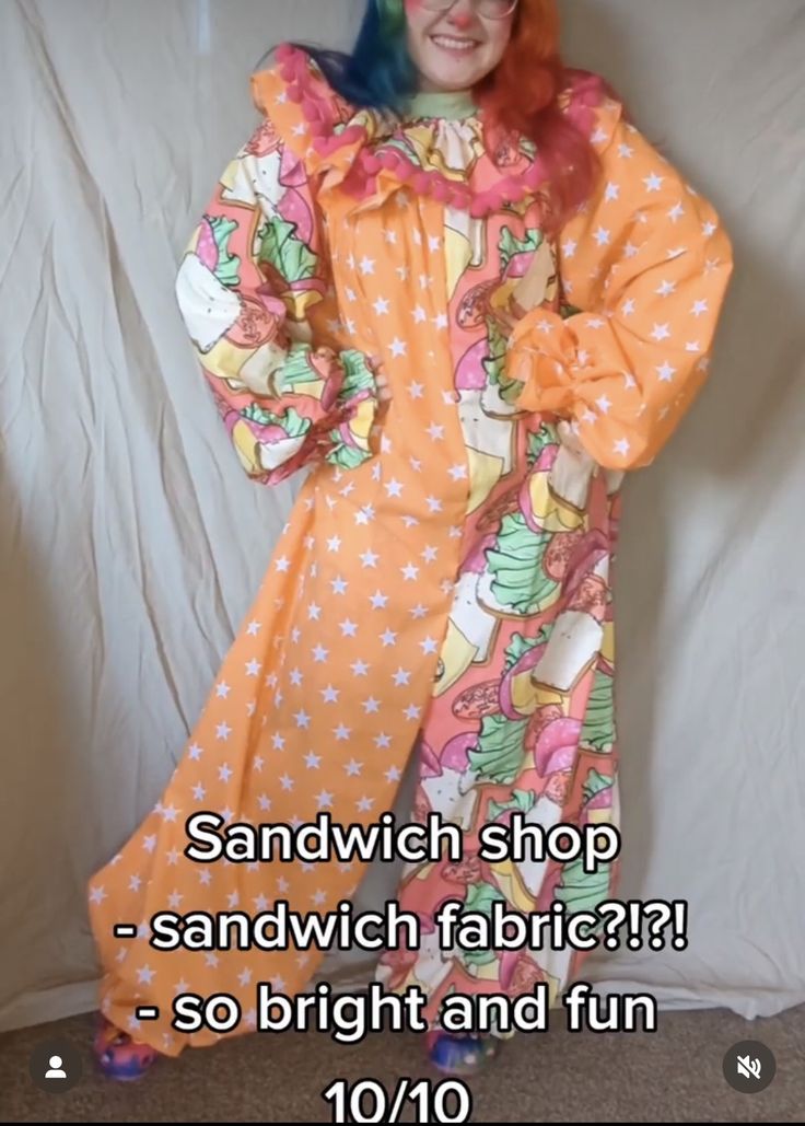 a woman dressed in an orange and pink clown costume with the words sandwich shop - sandwich fabric? so bright and fun 10 / 10