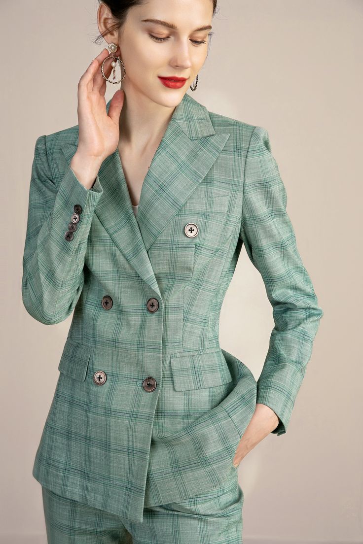 Green Plaid Double Breasted Straight Leg Pantsuit - FashionByTeresa Luxury Lapel Collar Blazer For Spring, Luxury Green Top For Workwear, Luxury Green Summer Blazer, Luxury Spring Blazer With Covered Buttons, Luxury Button-up Career Blazer, Luxury Structured Spring Blazer, Luxury Green Work Tops, Luxury Workwear Blazer With Contrast Trim, Luxury Green Collared Top