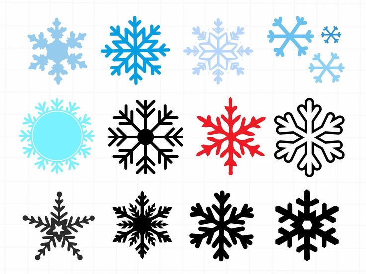 snowflakes in different colors and shapes on a white background