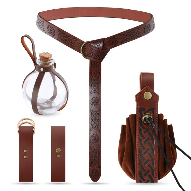 PRICES MAY VARY. Renaissance Style Leather Belt Set: This Renaissance style leather belt set includes 6 Renaissance-themed accessories, featuring a medieval belt, Renaissance pouch, potion bottle with cork, bottle sleeve, Renaissance skirt hike, and medieval mug strap, perfectly capturing the medieval pirate aesthetic. Whether for Halloween costumes or role-playing, it immerses you in ancient adventure tales. Suitable for Various Occasions: Ideal for Halloween parties, medieval themed events, or Costume Viking, Viking Belt, Leather Belt Pouch, Medieval Belt, Potion Bottles, Halloween Costume Accessories, Potion Bottle, Belt Pouch, Faux Leather Belts