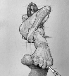 a pencil drawing of a person holding a large object in their hand with one foot on the ground