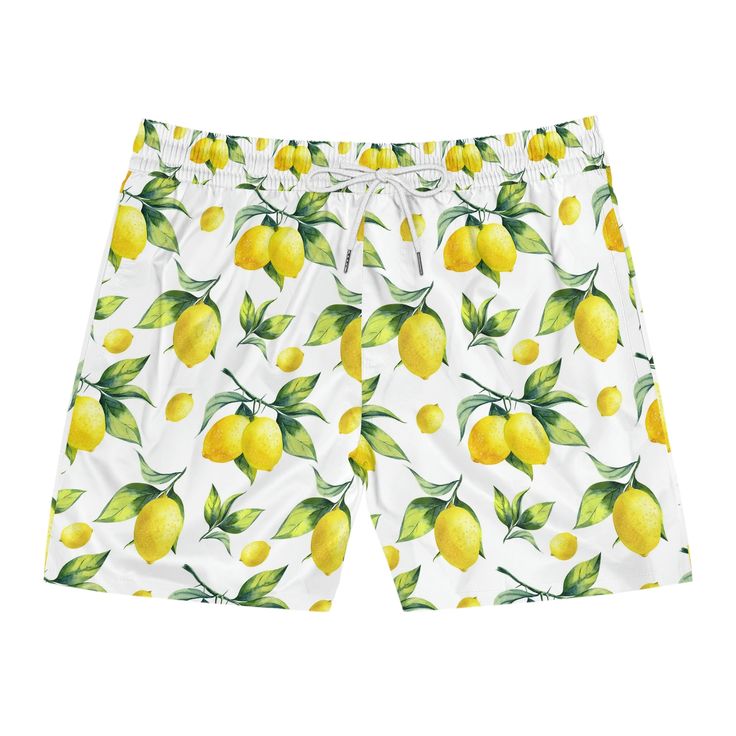 Made with 95% polyester and 5% spandex, it's the perfect blend for swimming and relaxing. These mid-length shorts are lightweight, come with an inner mesh brief and a relaxed fit, because sunny days at the coast are all about lounging. Along with the choice between black or white drawstrings, these shorts also come with two side pockets for added practicality.  .: Material: 95% polyester, 5% spandex .: Black or white drawstrings .: Inner mesh brief .: Two side pockets .: Seam thread color automa Bermuda Style Swim Trunks For Summer, Summer Bermuda Swim Trunks, Yellow Summer Swim Trunks With Built-in Shorts, Short Swim Trunks For Poolside Spring, Casual Vacation Shorts For Outdoor, Outdoor Vacation Shorts, Vacation Outdoor Shorts, Bermuda Bottoms For Summer Outdoor Activities, Bermuda Bottoms For Outdoor Summer Activities