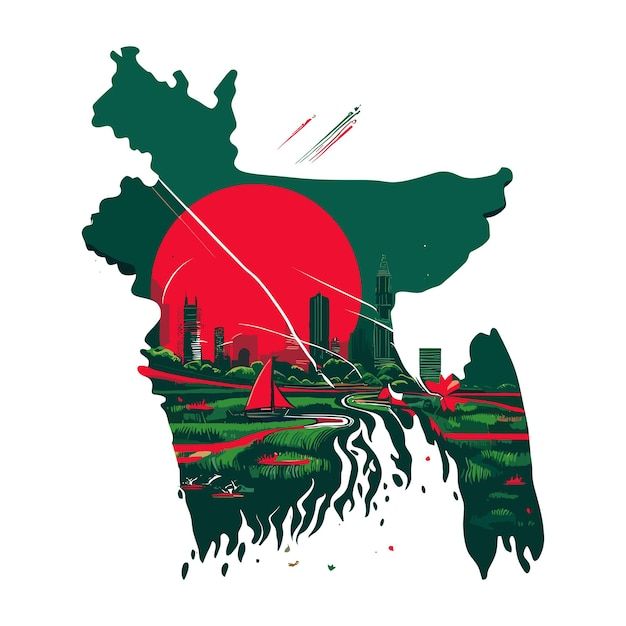 an illustration of a city with red sun in the background and green grass on the ground