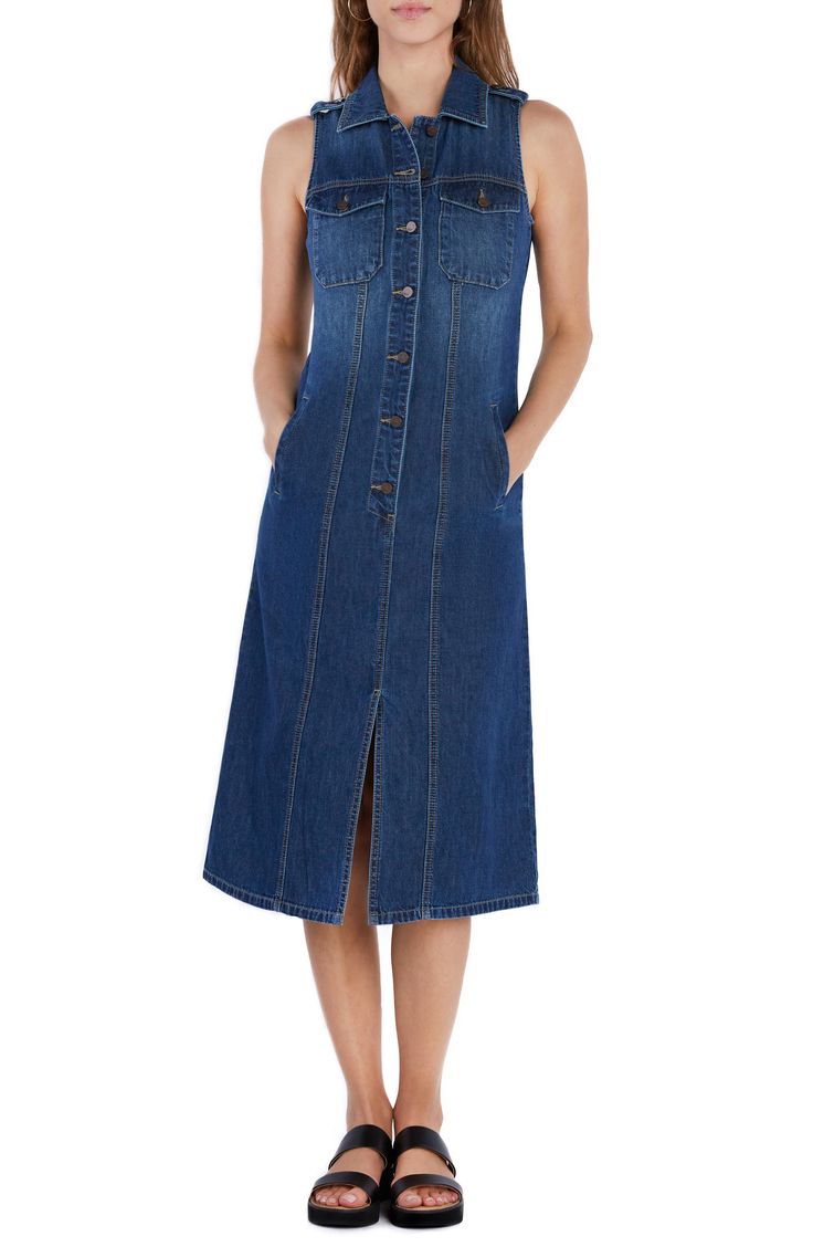 Epaulets elevate the look of a dark-washed denim shirtdress that has handy pockets for a practical touch. 47" length Front button closure Point collar Chest button-flap patch pockets; front welt pockets Unlined 100% cotton Machine wash, tumble dry Imported Knee-length Dark Wash Denim Dress, Dark Wash Knee-length Denim Dress, Denim Workwear Dress With Snap Buttons, Workwear Denim Dress With Snap Buttons, Denim Dress With Snap Buttons For Workwear, Midi Length Dark Wash Denim Dress With Pockets, Knee-length Washed Blue Denim Dress With Pockets, Dark Wash Denim Dress With Pockets, Casual Dark Wash Denim Dress With Buttoned Pockets