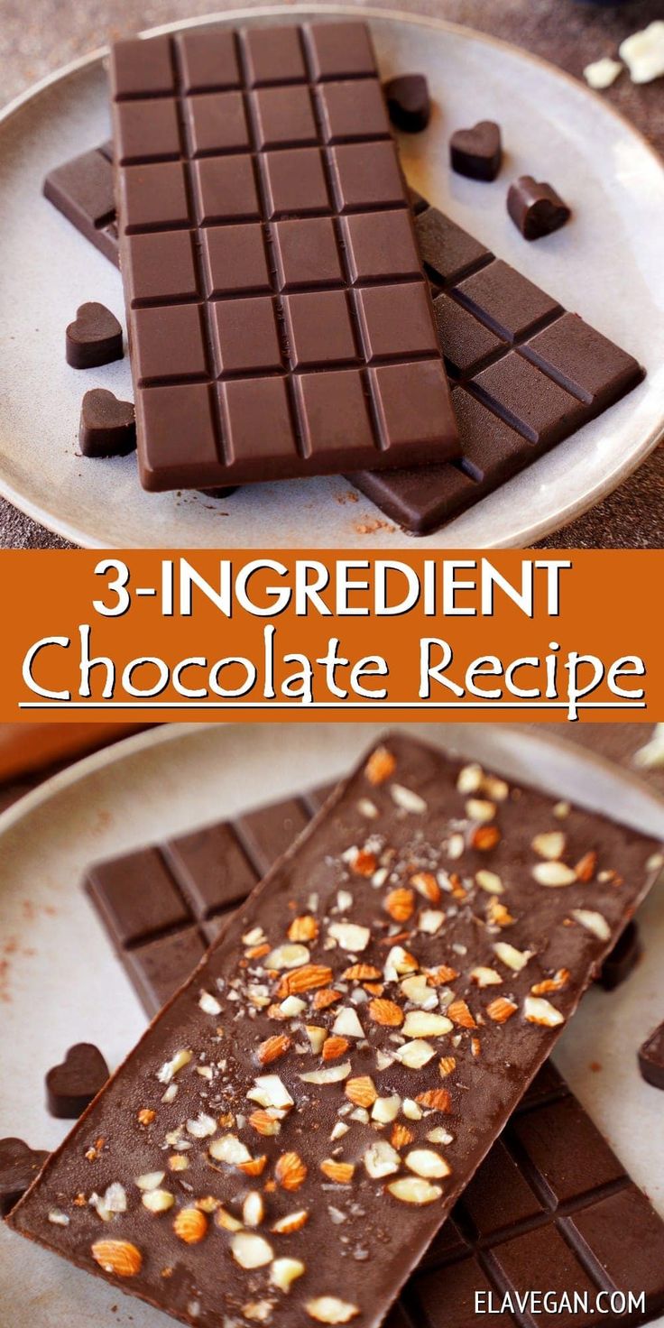 three ingredient chocolate recipe with almonds on top and in the middle, there are two pieces