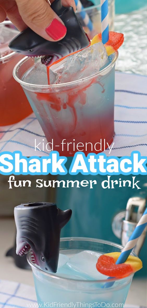 shark attack drink Shark Punch For Kids, Shark Week Snacks For Kids, Shark Drinks For Kids, Shark Week Drinks For Kids, Shark Week Party Food Ideas, Shark Themed Birthday Party Food, Jaws Party Ideas, Shark Week Dinner Ideas, Shark Week Food Ideas