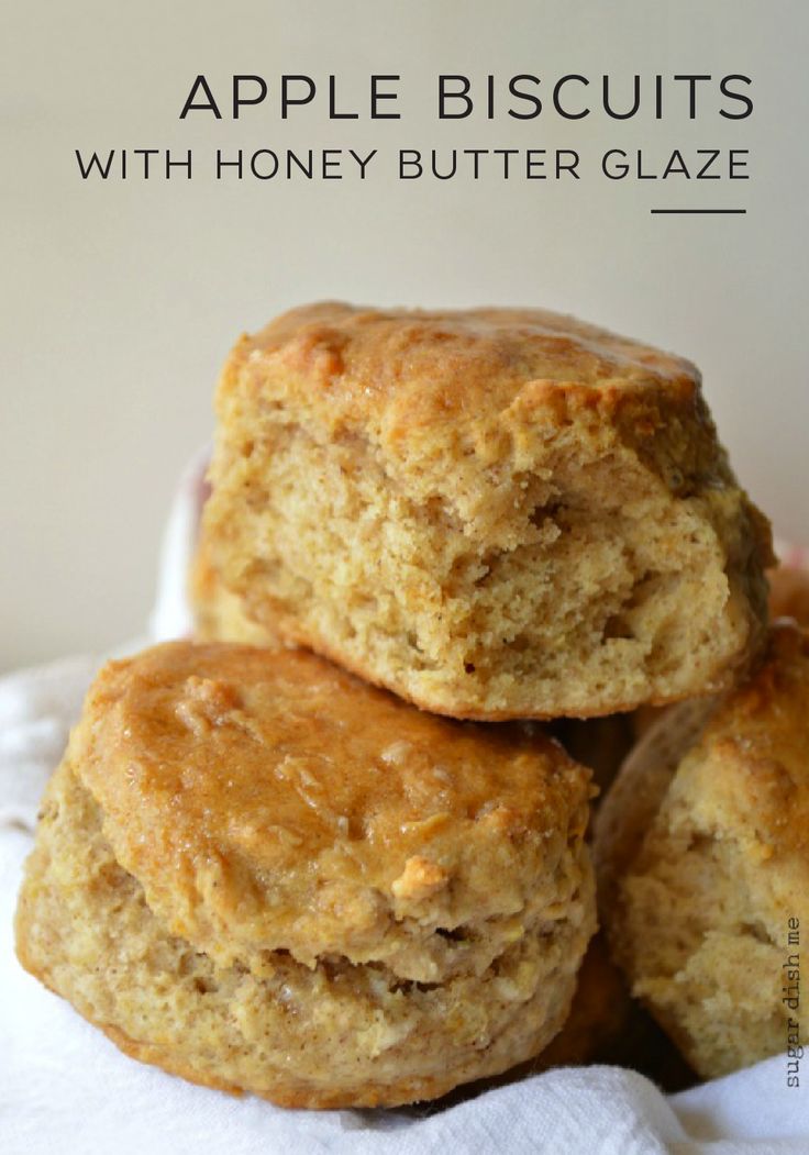 four apple biscuits stacked on top of each other in a white paper towel with text overlay