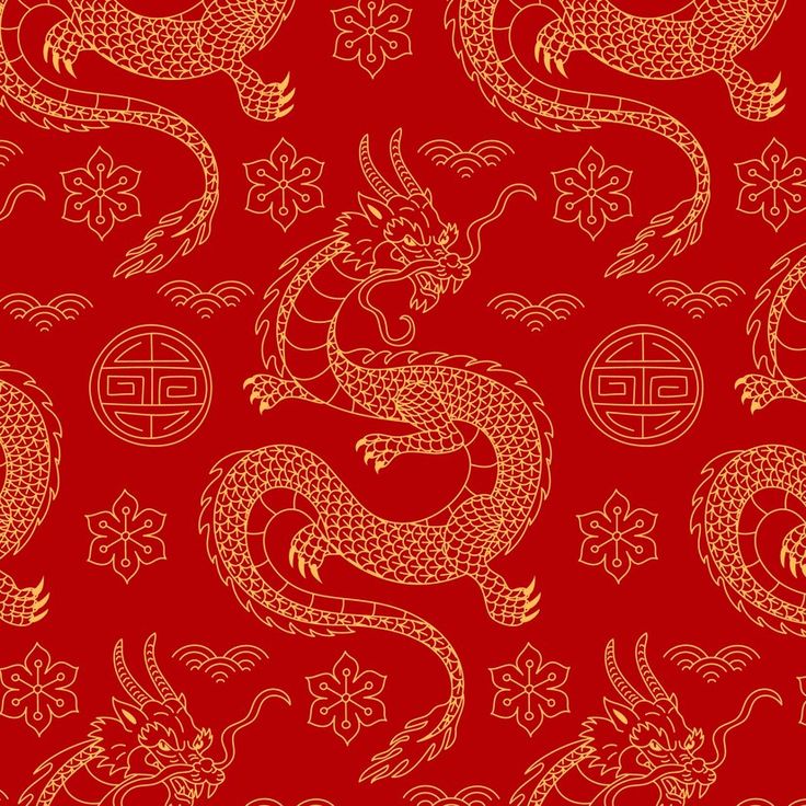 a red background with gold dragon and flowers