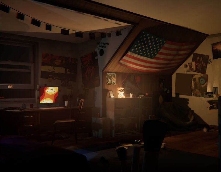 an american flag hanging from the ceiling in a room filled with furniture and other items